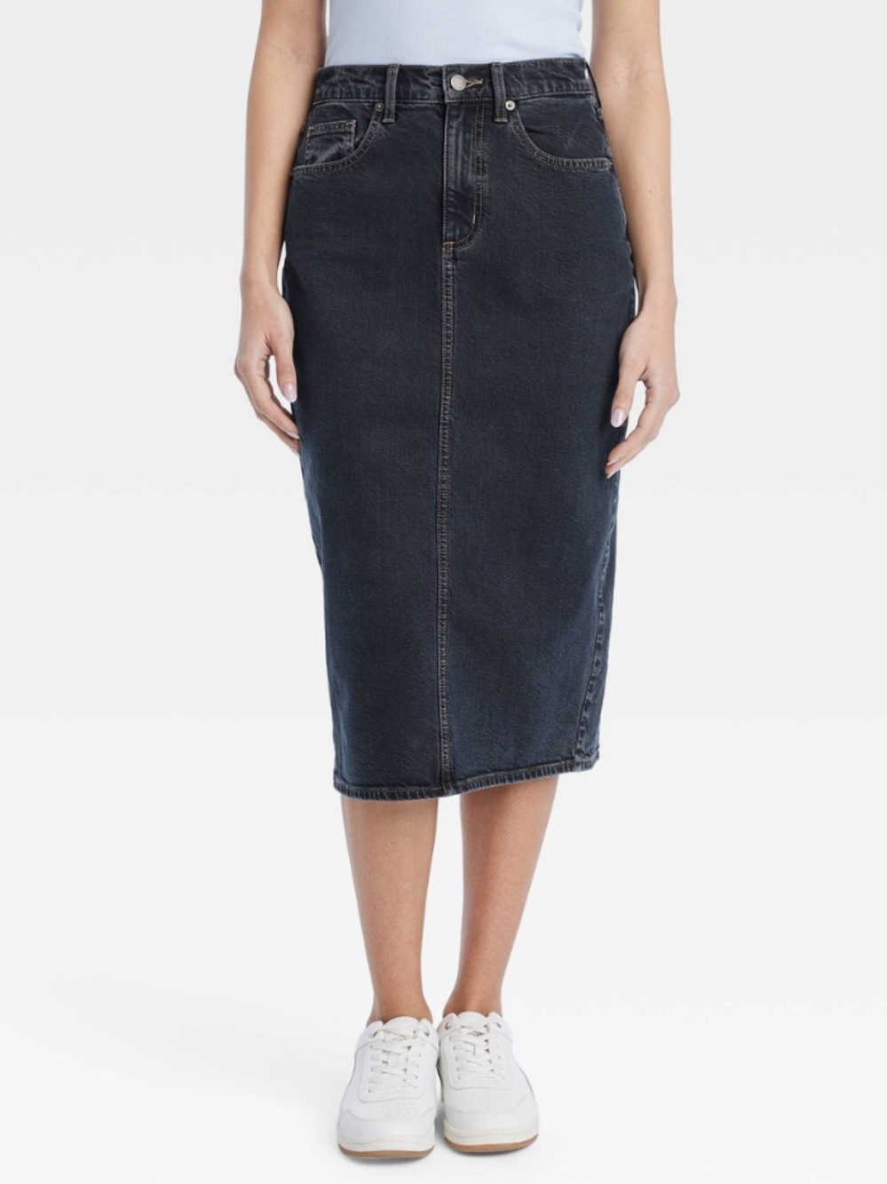 NWT Size 0 Universal Thread Black Gray Wash Denim Jean Midi Back Slit Skirt